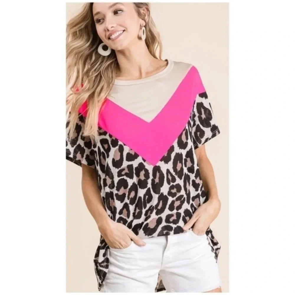 NWT BiBi boutique Hot pink leopard print top short sleeve color block